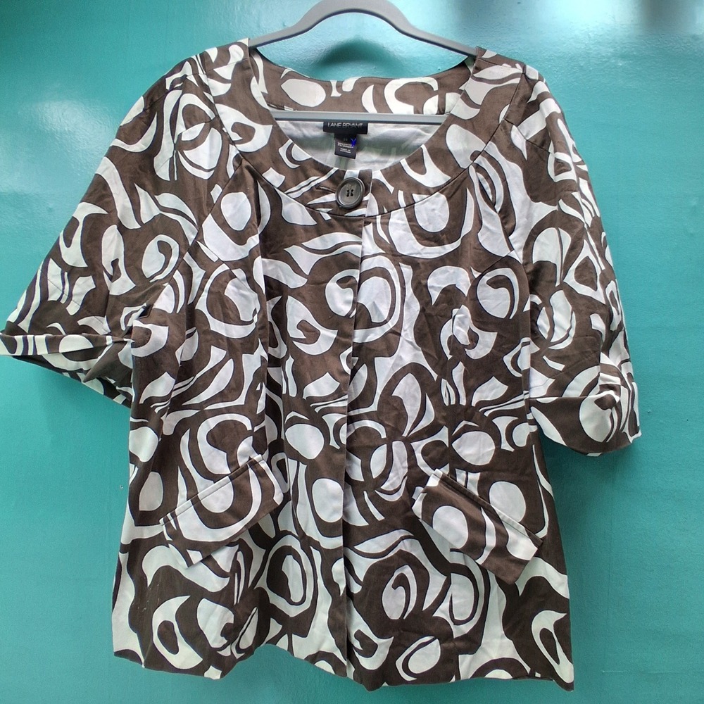 Lane Bryant Short Sleeve Jacket 24 Brown White Abstract Swirl Mod Statement